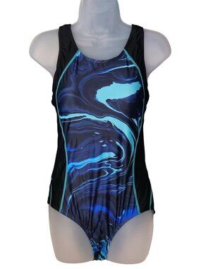 Blue Black Swirl One-Piece Swimsuit M Racerback UPF 50+ Keyhole Lined